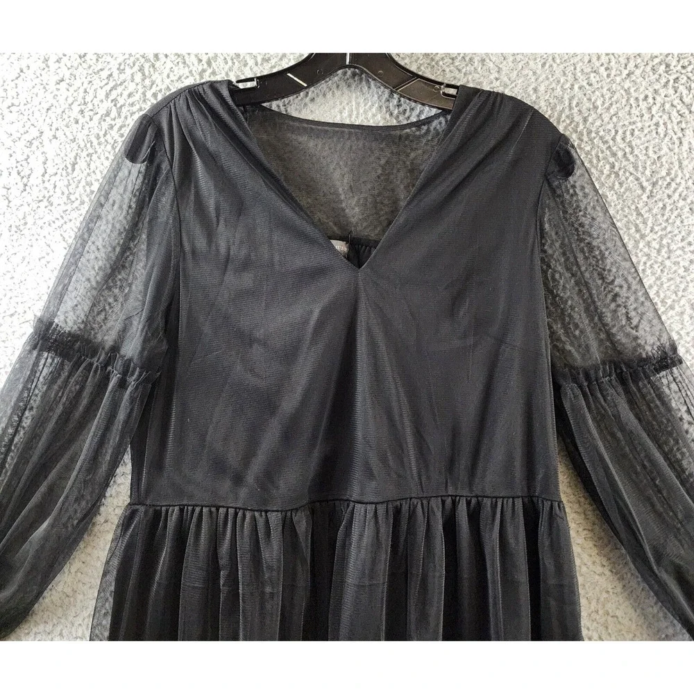 VINCE CAMUTO Mesh Ruffled Dress Women's S Black V-Neck Long Sleeves Pullover - Picture 2 of 13